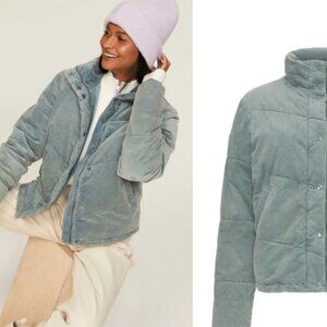 Splendid Milla Cord Full Zip Puffer in Washed Blue Size Large $228
